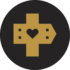 Golden heart symbol within a cross.