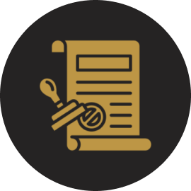 Gold document with seal and stamp illustration.