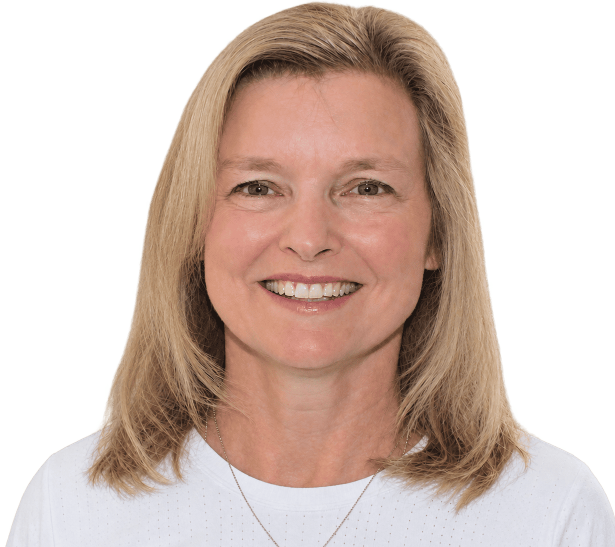 Smiling woman with long blonde hair.